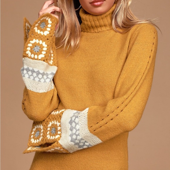 It's Groovy Mustard Yellow Multi Knit Turtleneck Sweater Dress - Picture 4 of 8